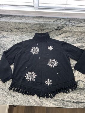 Alfred Dunner Black Turtleneck Sweater with White Snowflake and Fringe Accents